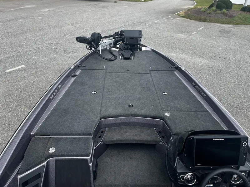 Slide: The Image of 2024 Skeeter ZXR 20 boat deck with advanced navigation equipment, parked on asphalt. - 24