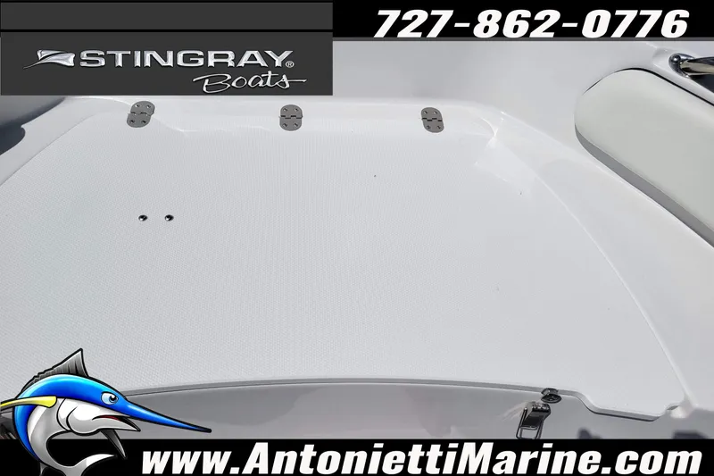 Slide: The Image of 2026 Stingray 173CC boat deck with logo and contact information. - 13