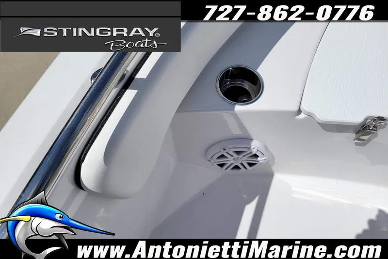 Slide: The Image of 2026 Stingray 173CC boat interior with speaker and cup holder, Antonietti Marine branding. - 14