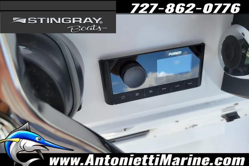 Slide: The Image of 2026 Stingray 173CC boat dashboard with Fusion stereo system, Antonietti Marine branding. - 22