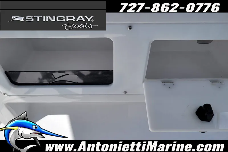 Slide: The Image of 2026 Stingray 173CC boat storage compartments, featuring Antonietti Marine branding and contact information. - 26