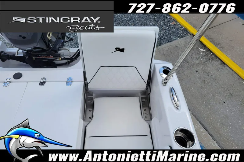 Slide: The Image of 2026 Stingray 173CC boat interior with seating and rod holder, featuring Antonietti Marine branding. - 34