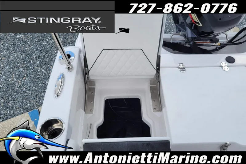Slide: The Image of 2026 Stingray 173CC boat interior with seating and motor, featuring Antonietti Marine branding. - 42