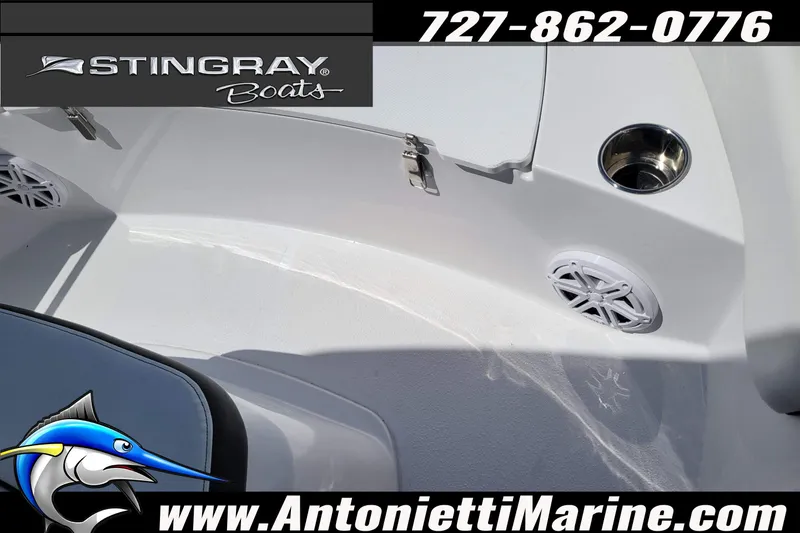 Slide: The Image of 2026 Stingray 173CC boat interior with speakers and cup holder, Antonietti Marine branding. - 5