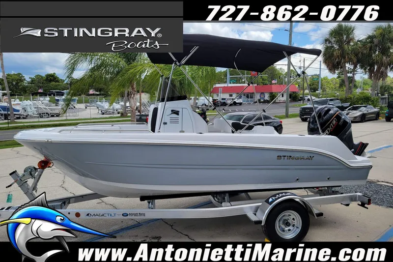 Slide: The Image of 2026 Stingray 173CC boat on trailer, displayed at Antonietti Marine dealership. - 55