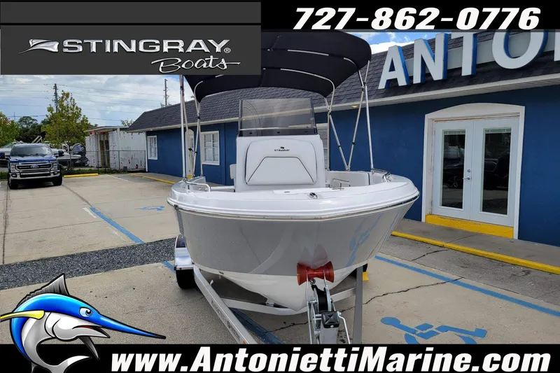 Slide: The Image of 2026 Stingray 173CC boat displayed at Antonietti Marine dealership. - 56