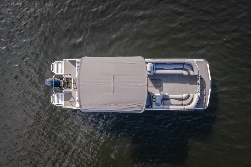 Slide: The Image of Aerial view of 2025 JC Neptoon 25TT Sport pontoon boat on water. - 54