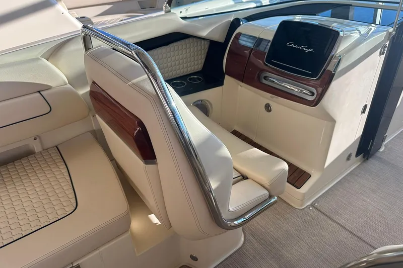 Slide: The Image of 2026 Chris-Craft Launch 31 GT interior with luxurious seating and elegant dashboard design. - 18