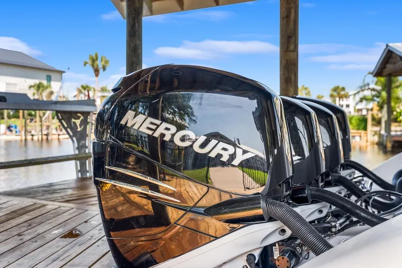 Slide: The Image of Four powerful Verado 350 outboard engines on a 2015 Yellowfin 39 boat. - 45