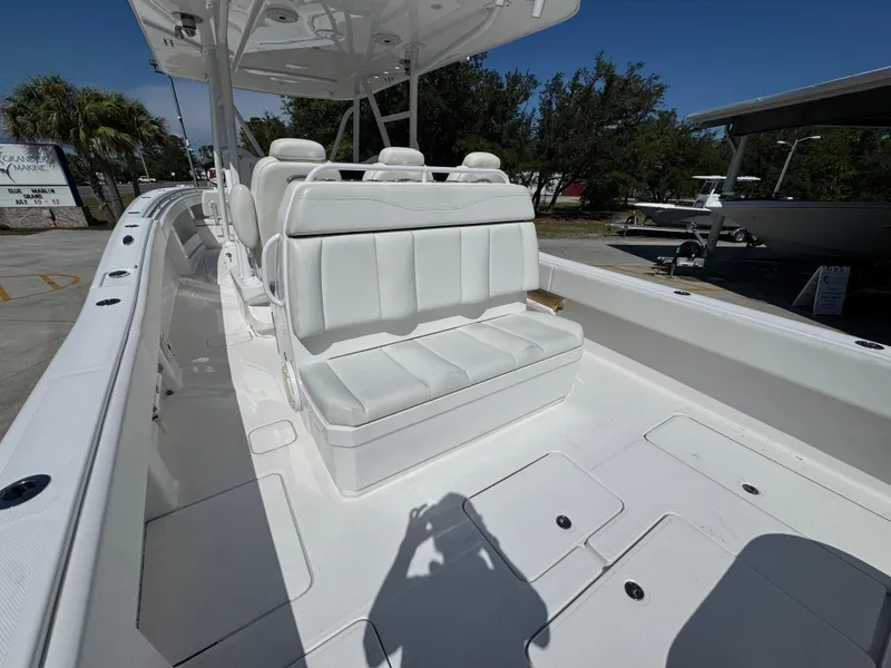 Slide: The Image of 2020 Invincible 39 Open Fisherman boat with white seating and spacious deck. - 41