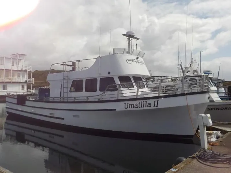 The Image of Custom 1974 passenger vessel "Umatilla II" docked at marina under cloudy sky. - 0