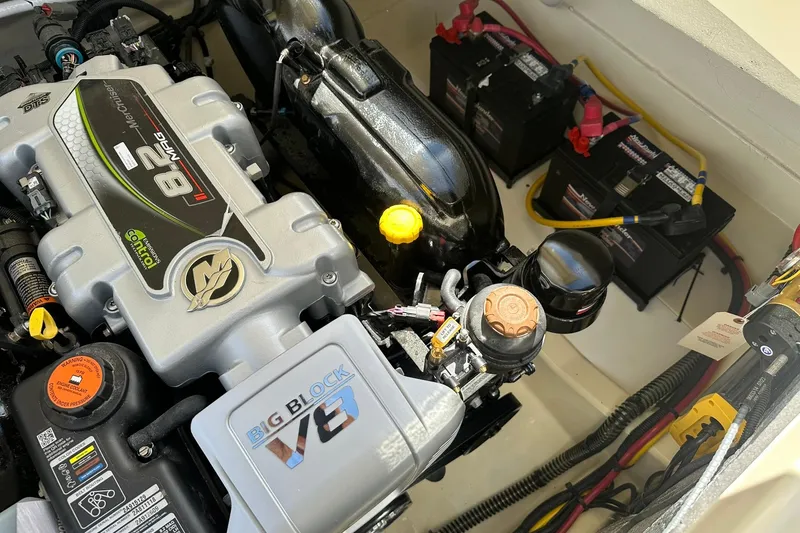 Slide: The Image of Engine compartment of 2026 Chris-Craft Sportster 28 with V8 engine and batteries. - 35