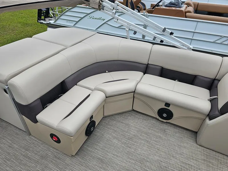 Slide: The Image of Luxurious seating on 2026 Bentley Pontoons Legacy 243 Cruise boat, featuring elegant upholstery. - 11
