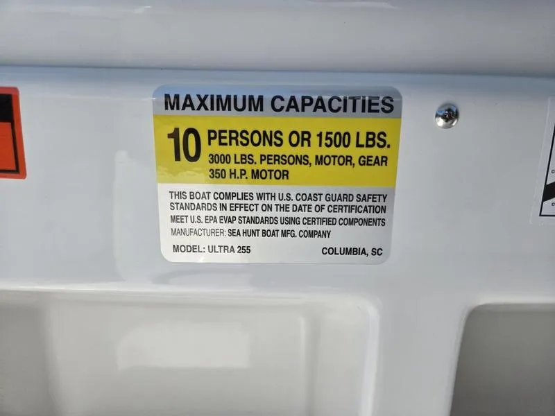 Slide: The Image of Sea Hunt Ultra 255se 2026 capacity label: 10 persons or 1500 lbs, 350 HP motor. - 3