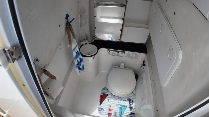 Slide: The Image of 2017 Sea Fox 266 Commander boat bathroom with toilet and nautical decor. - 16