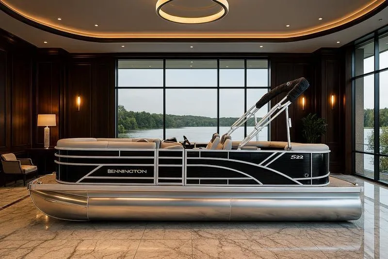 The Image of 2026 Bennington S Quad Bench 22 SSR pontoon boat in elegant showroom setting. - 2