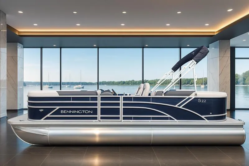 The Image of 2026 Bennington S Quad Bench 22 SSR pontoon boat in modern showroom setting. - 0