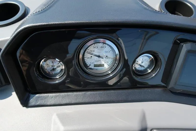 Slide: The Image of 2026 Bennington S Quad Bench 22 SSR boat seat, gray and white upholstery. - 16