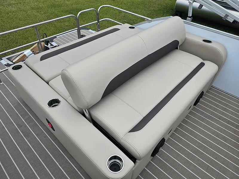 Slide: The Image of 2026 Bentley Pontoons 223 Legacy Swingback interior with luxurious seating and modern design. - 12