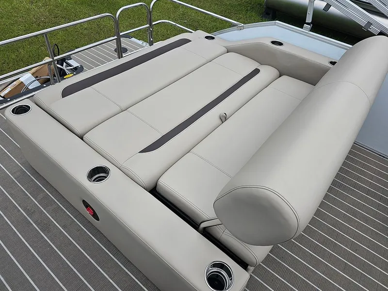 Slide: The Image of 2026 Bentley Pontoons 223 Legacy Swingback interior with luxurious seating and modern design. - 13