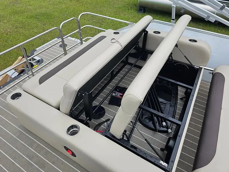 Slide: The Image of 2026 Bentley Pontoons 223 Legacy Swingback with luxurious seating and cup holders on deck. - 15