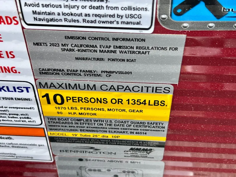 Slide: The Image of 2023 Bennington 20 SVSR capacity label: 10 persons or 1354 lbs, 90 HP motor. - 7