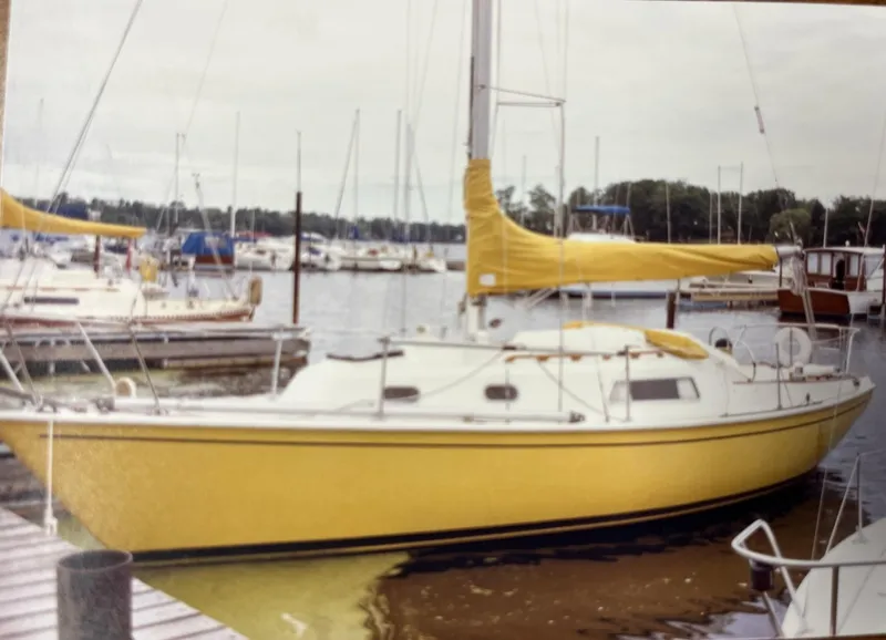 The Image of Yellow 1980 Pearson 30 sailboat docked in marina. - 1