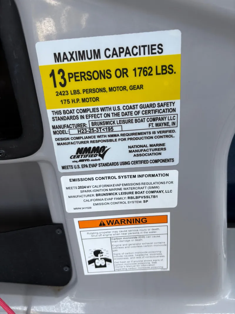 Slide: The Image of 2024 Harris Cruiser 230 capacity label: 13 persons or 1762 lbs, 175 HP motor. - 7