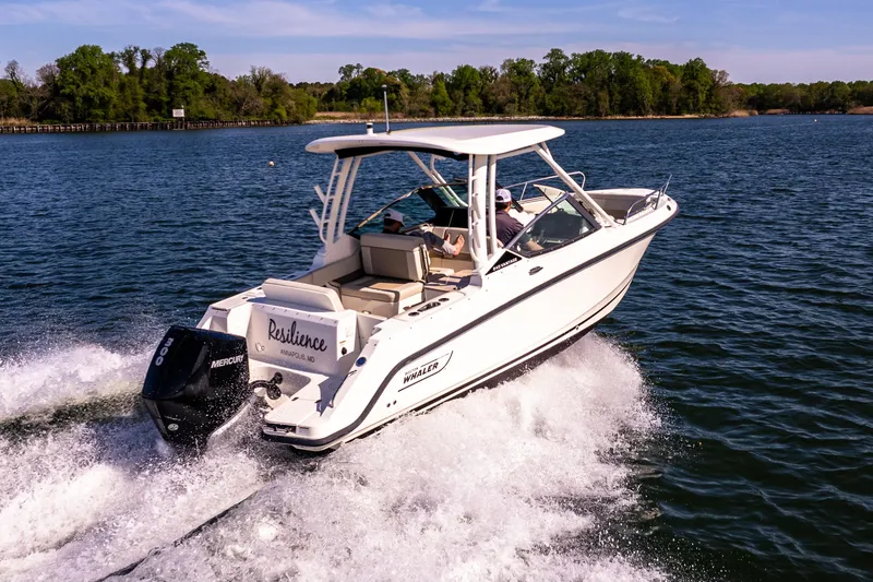 Slide: The Image of 2022 Boston Whaler 240 Vantage cruising on a scenic lake with lush green shoreline. - 4