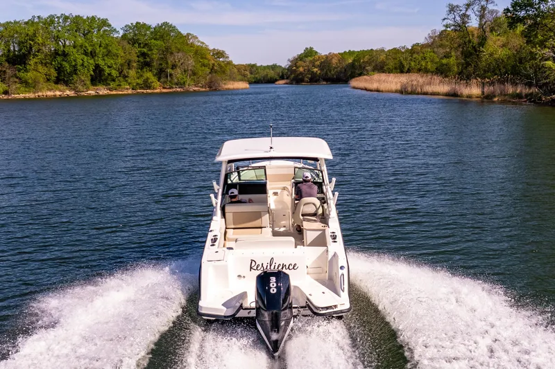 Slide: The Image of 2022 Boston Whaler 240 Vantage cruising on a scenic river with lush green banks. - 7