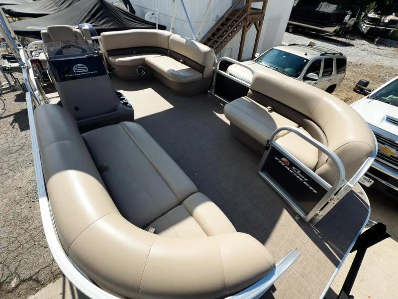 Slide: The Image of 2025 Sun Tracker Party Barge 16 DLX with spacious seating and modern design. - 4