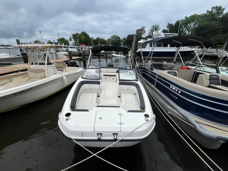 Slide: The Image of 2022 Bayliner DX 2200 boat docked among other boats on a cloudy day. - 14