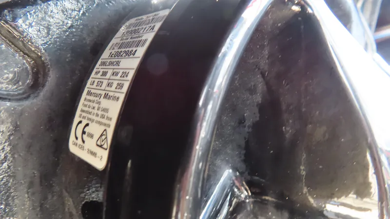 Slide: The Image of Close-up of a Mercury Marine engine label on a 1995 Talon 36 Cat boat. - 17