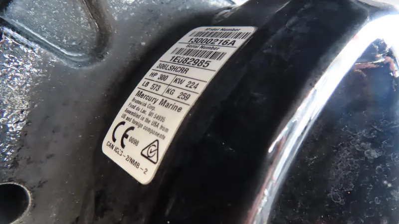 Slide: The Image of Close-up of Mercury Marine label on Talon 36 Cat, 1995 model. - 18