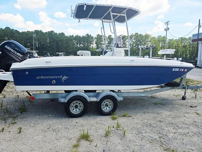 The Image of 2019 Bayliner Element F21 boat on trailer, blue and white design, parked outdoors. - 0