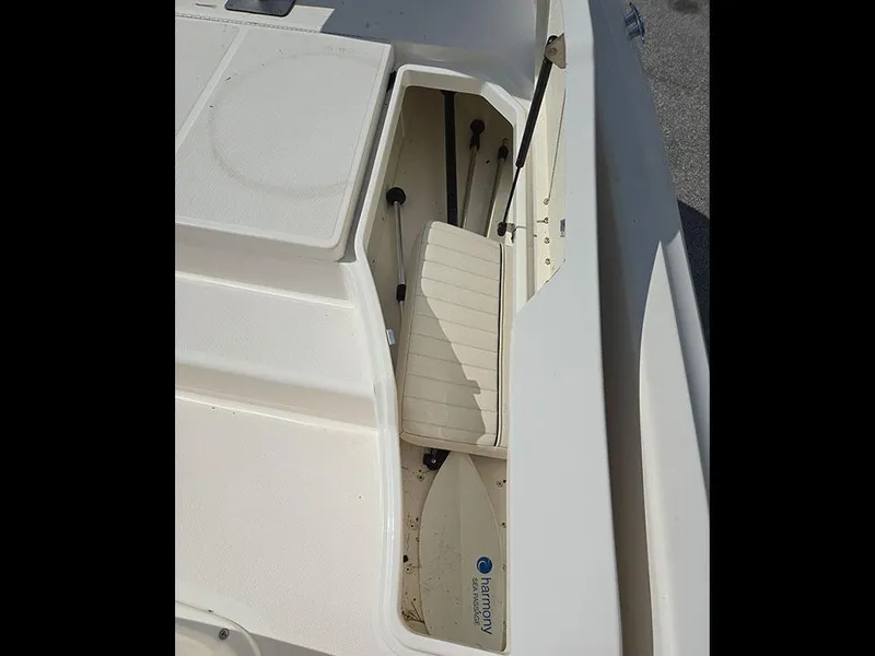 Slide: The Image of 2019 Bayliner Element F21 boat storage compartment with open hatch and hydraulic support. - 25