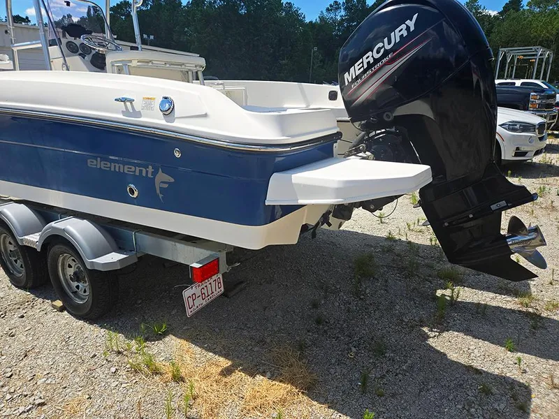 Slide: The Image of 2019 Bayliner Element F21 boat with Mercury outboard motor on a trailer. - 7