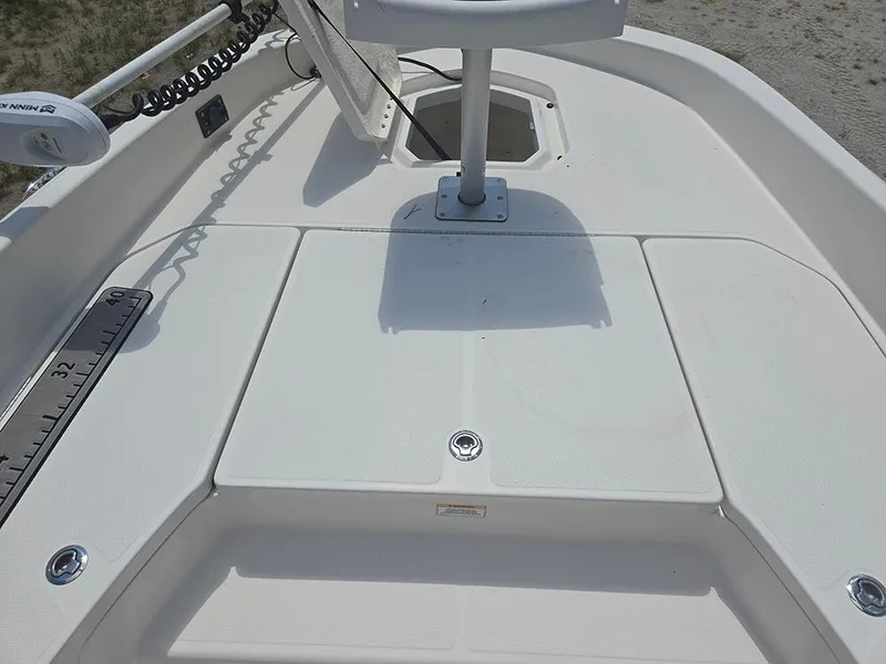 Slide: The Image of 2019 Bayliner Element F21 boat deck with mounted equipment and measurement scale. - 9