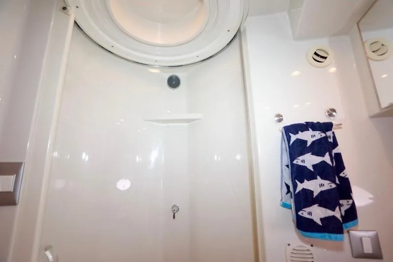 Slide: The Image of 2006 Carver 42 Super Sport yacht bathroom with shark-themed towel. - 50