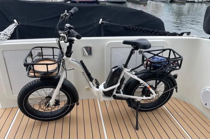 Slide: The Image of Electric bike on a 2006 Carver 42 Super Sport yacht deck. - 11