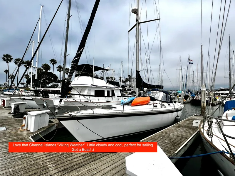 The Image of Sailboat docked at marina, Hunter 40 model, 1988, with "For Sale" sign. - 0
