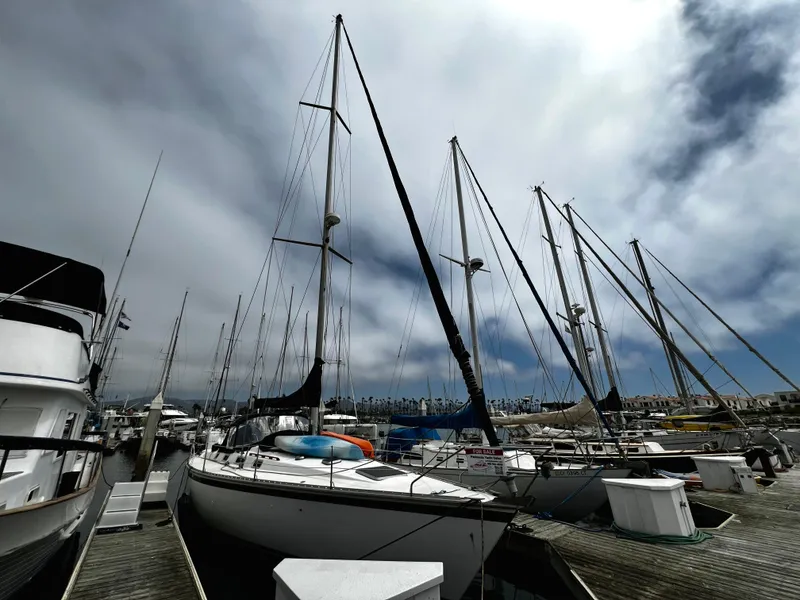 Slide: The Image of Sailboats docked at a marina under cloudy skies, featuring a 1988 Hunter 40. - 3