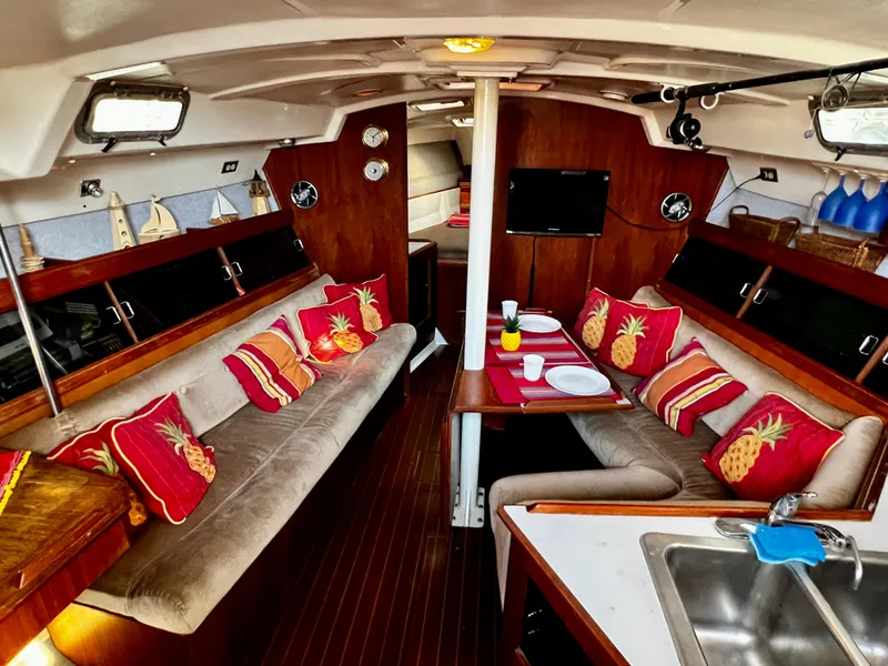 Slide: The Image of Close-up of rigging and pulleys on a 1988 Hunter 40 sailboat deck. - 6