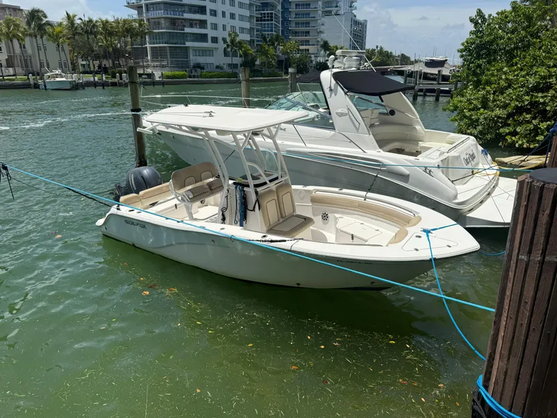 Slide: The Image of 2017 Sea Fox 226 Commander boat docked in a marina, surrounded by water and greenery. - 10