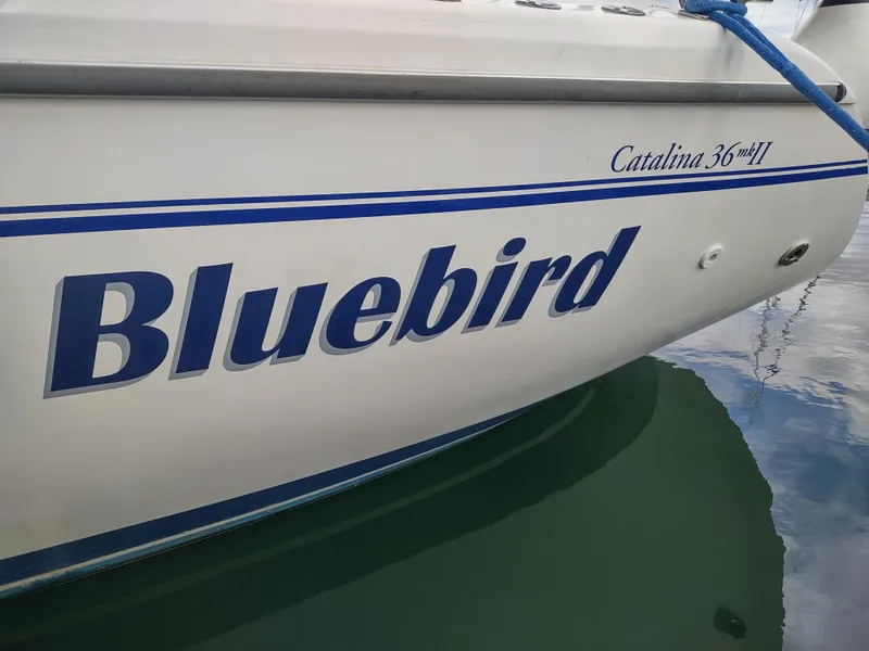 Slide: The Image of Catalina 36 MkII sailboat named "Bluebird" docked, 2002 model. - 12