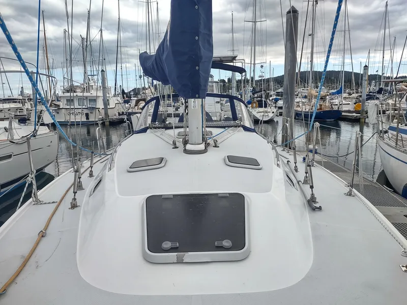 Slide: The Image of Catalina 36 MkII sailboat docked in a marina, 2002 model. - 14
