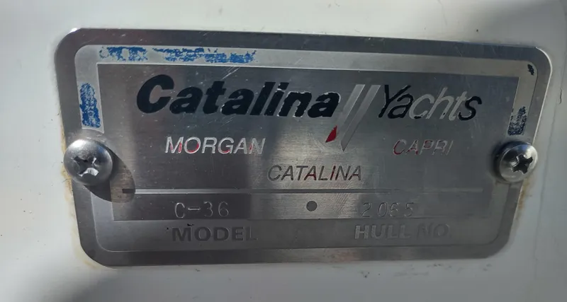 Slide: The Image of Catalina Yachts nameplate on a 2002 Catalina 36 MkII sailboat. - 56