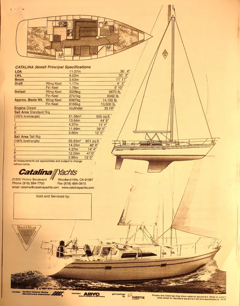 Slide: The Image of Catalina 36 MkII 2002 sailboat specifications and design layout with contact information. - 57