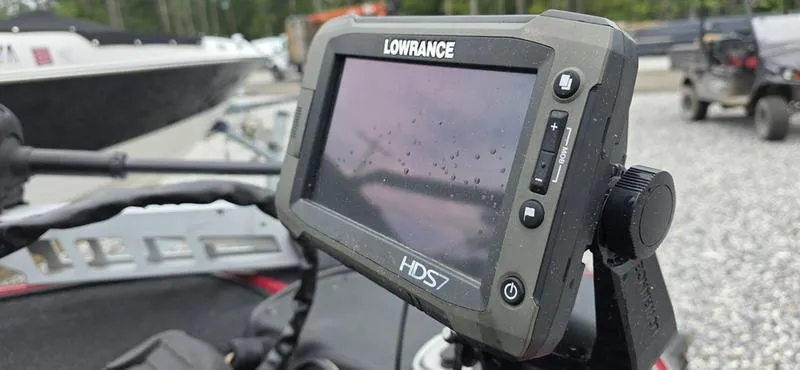Slide: The Image of Lowrance HDS7 fishfinder on a 2015 Nitro Z7 boat, wet with water droplets. - 3