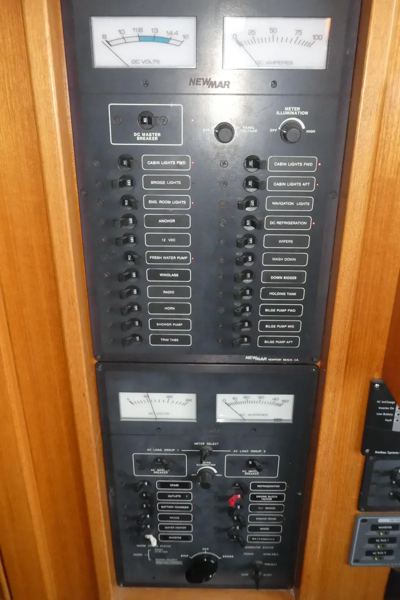 Slide: The Image of Electrical control panel on a 1995 Riviera Convertible boat, featuring various switches and meters. - 28